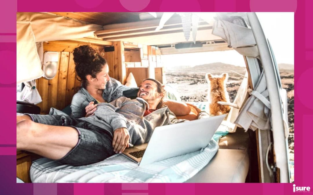 Hipster couple with dog traveling together on generic mini van transport - Digital nomad concept with indie people on minivan romantic trip working at laptop pc in relax moment, RV insurance