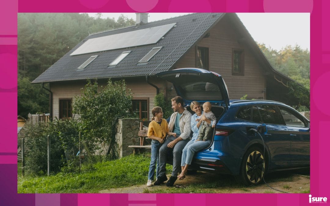 Family with electric car standing in front their house with solar panels on the roof. Solar energy and sustainable lifestyle of young family. Concept of green energy and sustainable future for next generations. Is an SUV or minivan right for your family?