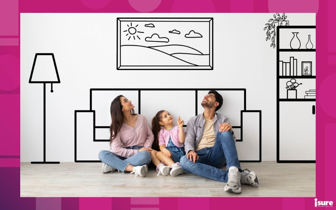 Young family of three dreaming and imagining their new furnished home against white wall with interior drawings, collage with illustrations on background, foreshadowing the affordable housing plan in place by the Liberal government