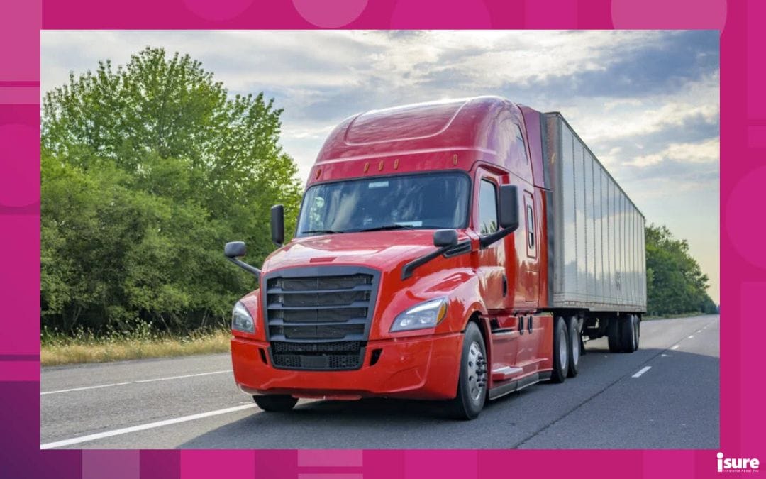 Heavy loaded classic red big rig semi truck with high roof transporting commercial cargo at dry van semi trailer running on the straight wide divided multiline highway road for timely delivery - fleet insurance