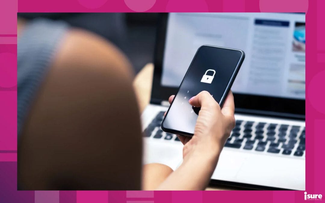 woman looking at her phone with a secure lock and password on it, thanks to her crime insurance policy for her business