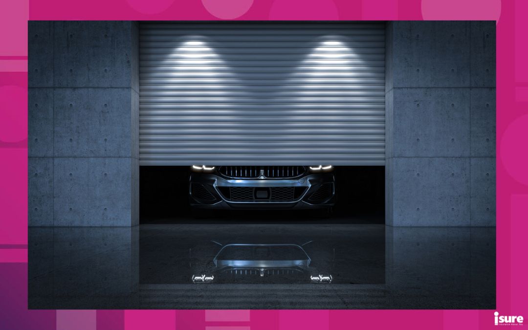 luxurious unused car inside a modern garage with metal shutter. 3d render