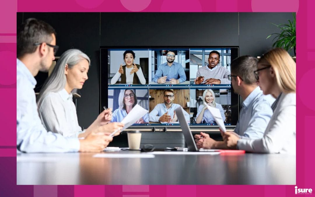 Global corporation online video conference in meeting room with diverse people sitting in modern office and multicultural multiethnic colleagues on big screen monitor. Business technologies concept - workplace risk management in office