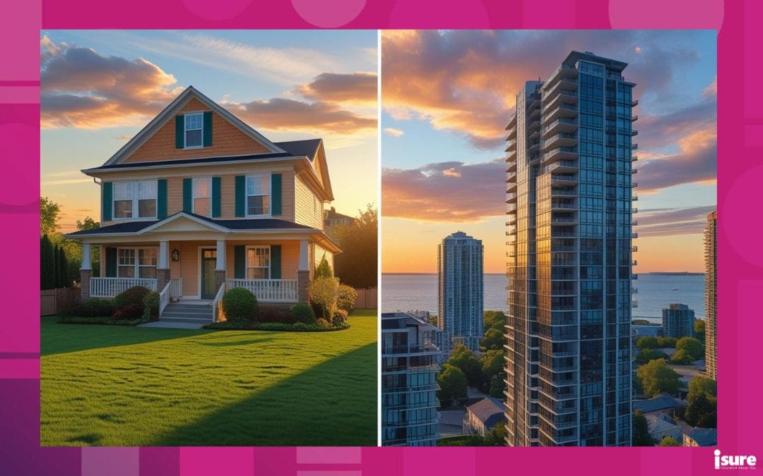 an image with a split screen of a home vs. a condo, dipicting the blog about home and condo insurance