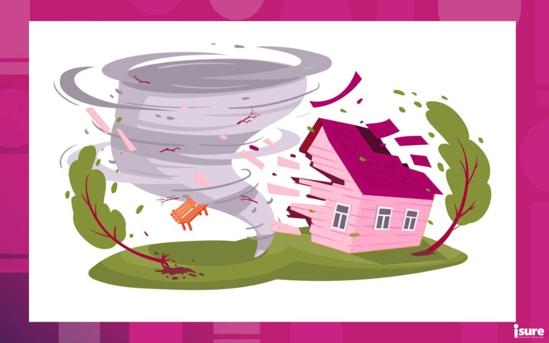 Hurricane natural disaster. Cartoon tornado, twisted storm catastrophe, suburban house damage flat vector illustration. Whirlwind cataclysm on white - great illustration of natural disaster claims