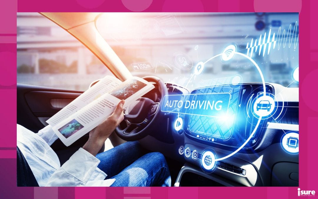 semi-automated vehicles - young woman reading a magazine in a autonomous car. driverless car. self-driving vehicle. heads up display. automotive technology.