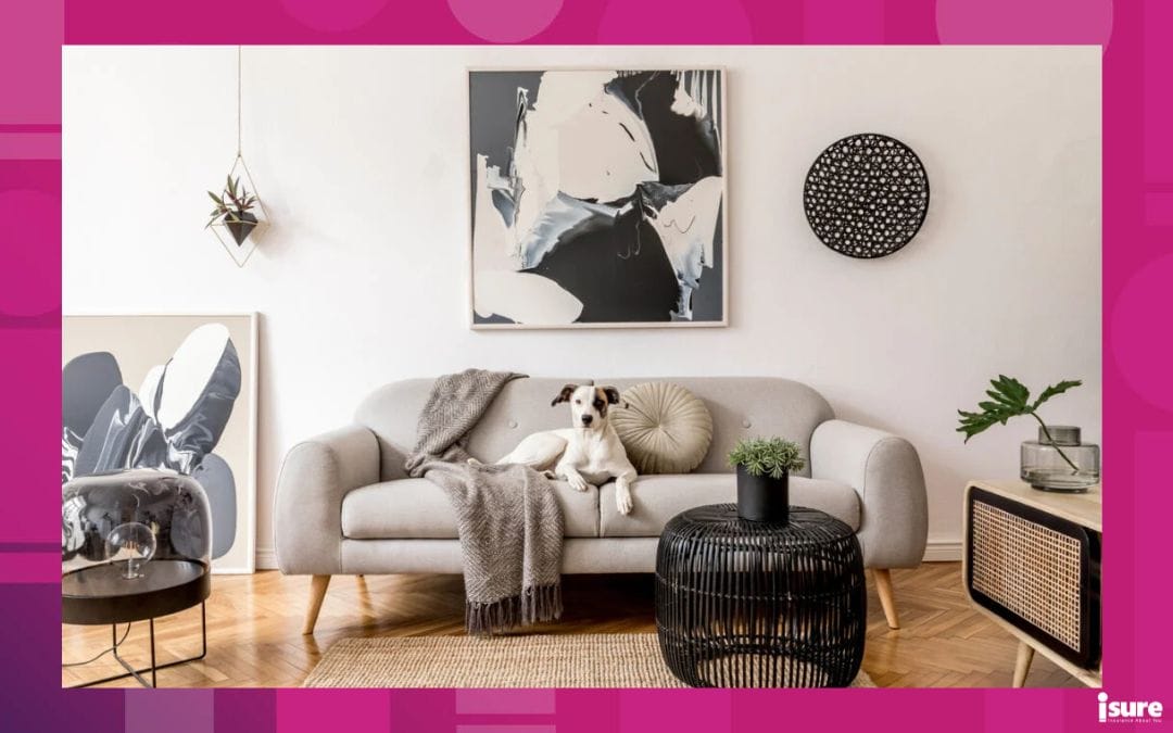 Interior design of living room at nice scandinavian apartment with stylish furnitures and elegant accessories. Modern home decor - condo insurance policy