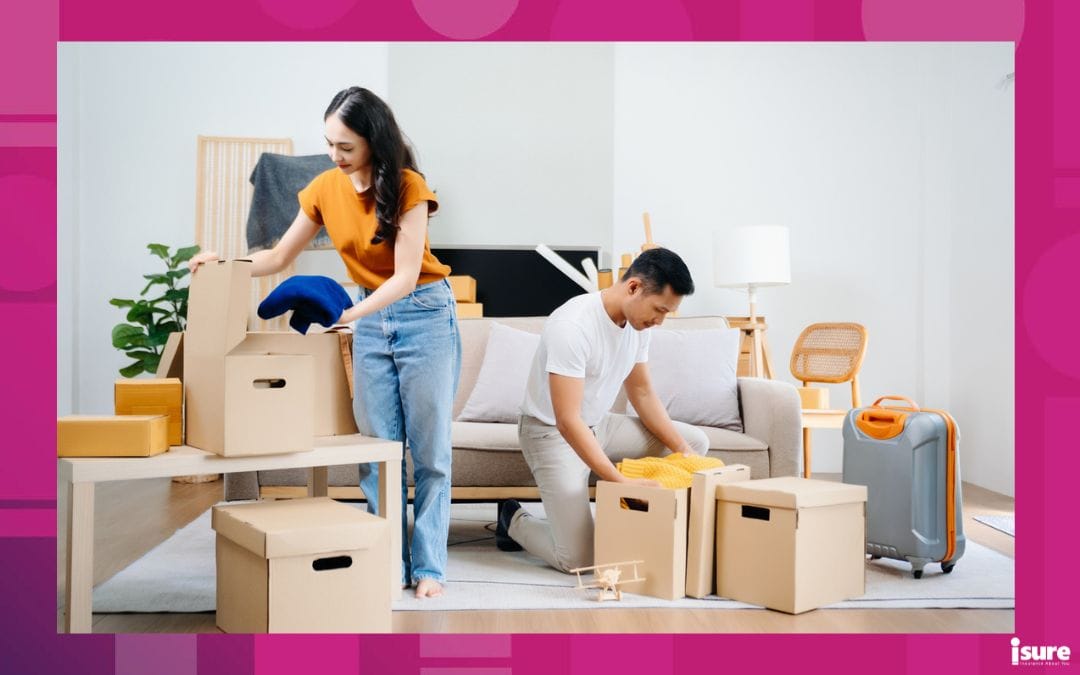 Young couple with big boxes moving into a new house, new apartment for couple, young asian man and woman helping to lift boxes on sofa for the new home, Moving into a new house and having the proper insurance by bundling renters insurance with auto
