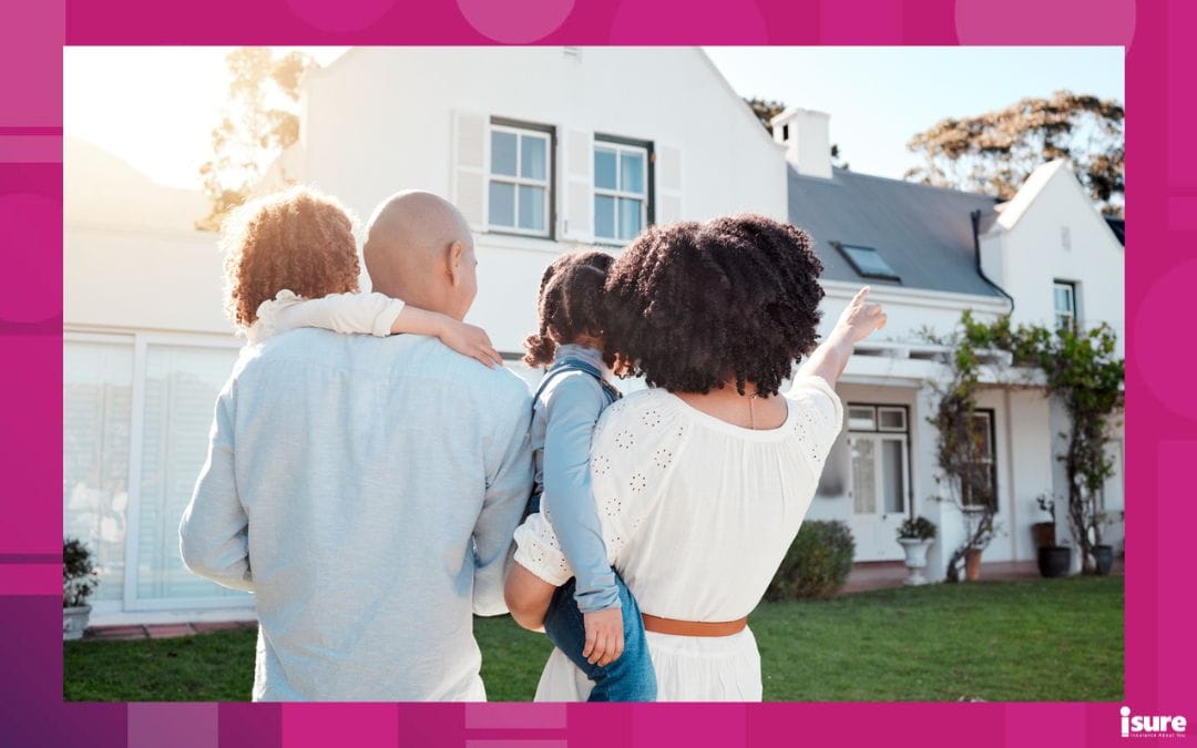 Real estate, love and family in the yard of their new house bonding and spending quality time together. Mortgage, luxury property and back of young mom, dad and children standing in front of their modern new home. Was land transfer tax apart of the process?