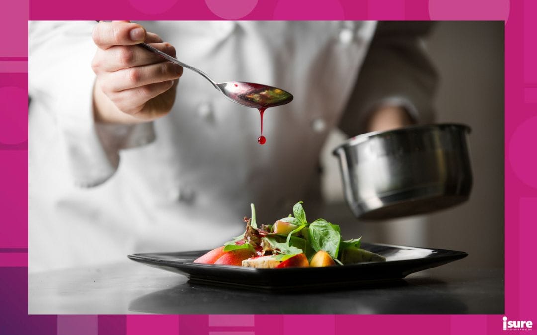 chef cooking and dripping sauce on a food dish before serving it, stressing the importance of food spoilage insurance for restaurants in case of a claim
