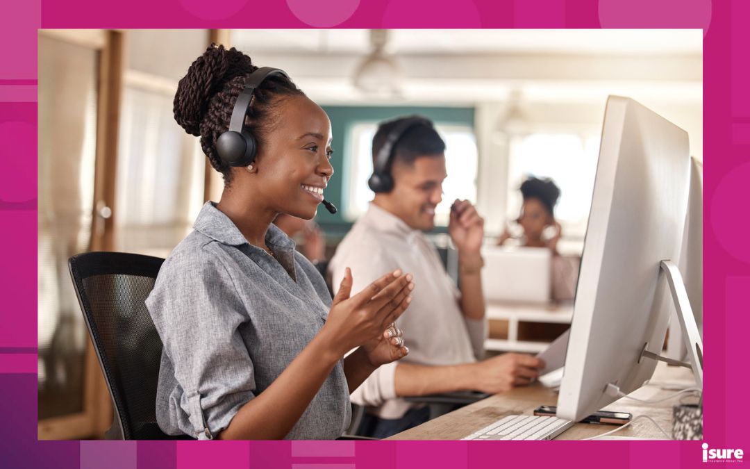 Call center, black woman and smile at computer for telemarketing, sales and support. Professional female consultant or agent with a headset and team for customer service, crm and help desk or advice - example of AI use and insurance
