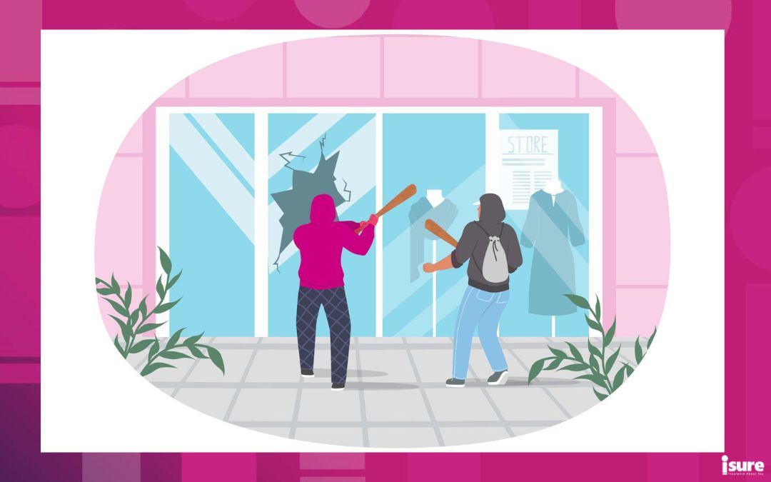 Street hooligans, bullies wearing hoodies damaging store showcase, flat vector illustration. Street vandals, burglars breaking shop window with bat. Vandalism, looting, aggression. - common business insurance claims