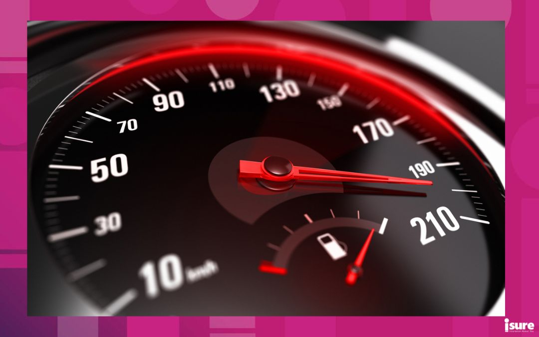 Close up of a car speedometer with the needle pointing a high speed, blur effect, conceptual image for excessive speeding or careless driving concept - high risk driver