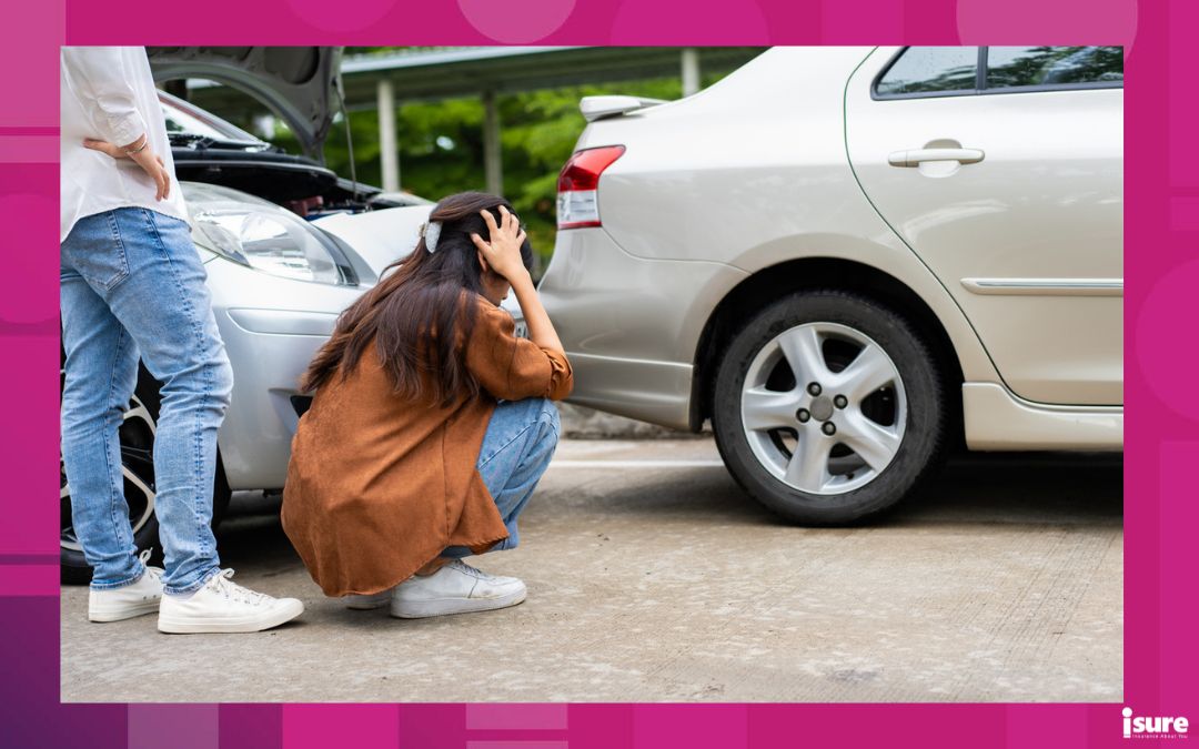 Asian women driver check for damage after a car accident abroad before taking pictures and sending insurance. Online car accident insurance claim after submitting photos and evidence to an insurance company.