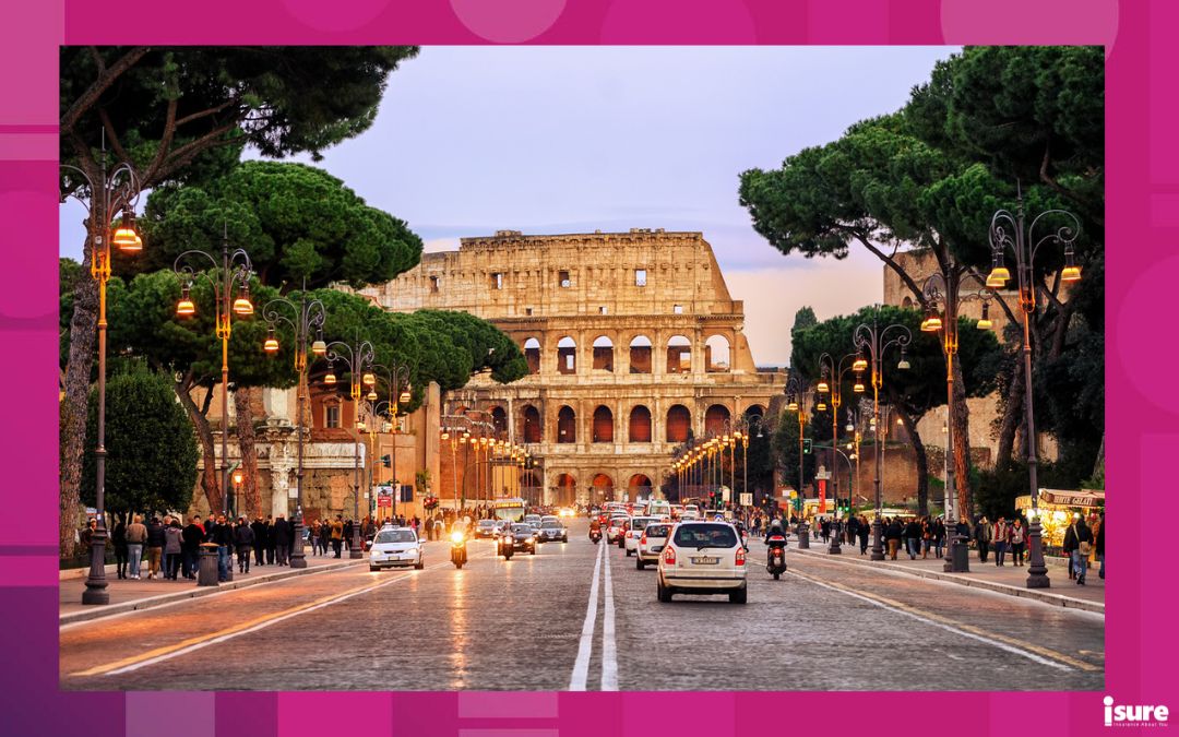 driving with an IDP: Rome, Italy - April 04: Traffic on the Via dei Fori Imperiali street in front of Colosseum in the evening, Rome, Italy, on April 04, 2013