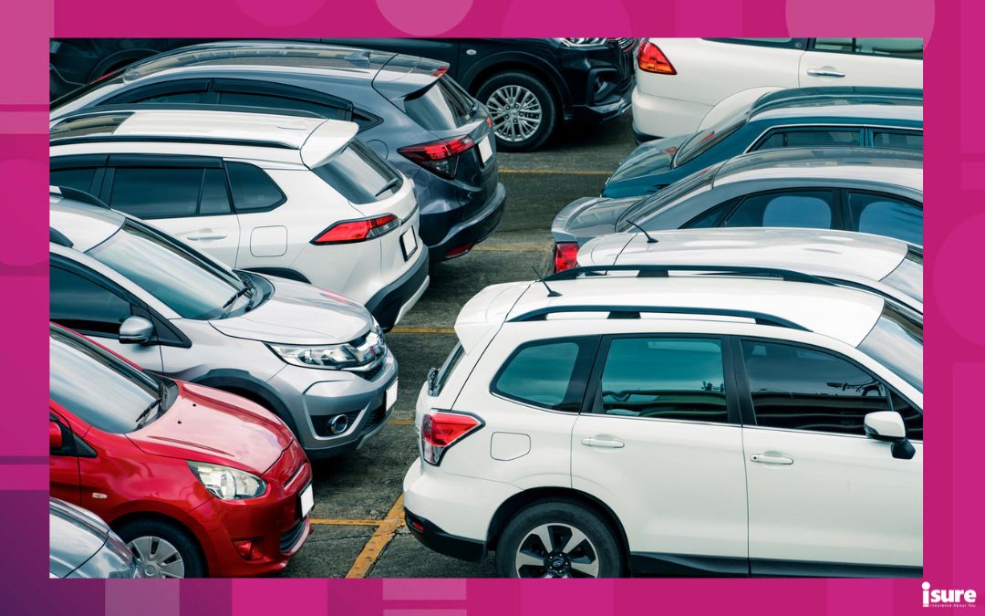 parking insurance - Car parked at parking lot of the airport for rental. Aerial view of car parking lot of the airport. Used luxury car for sale and rental service. Automobile parking space. Car dealership concept.