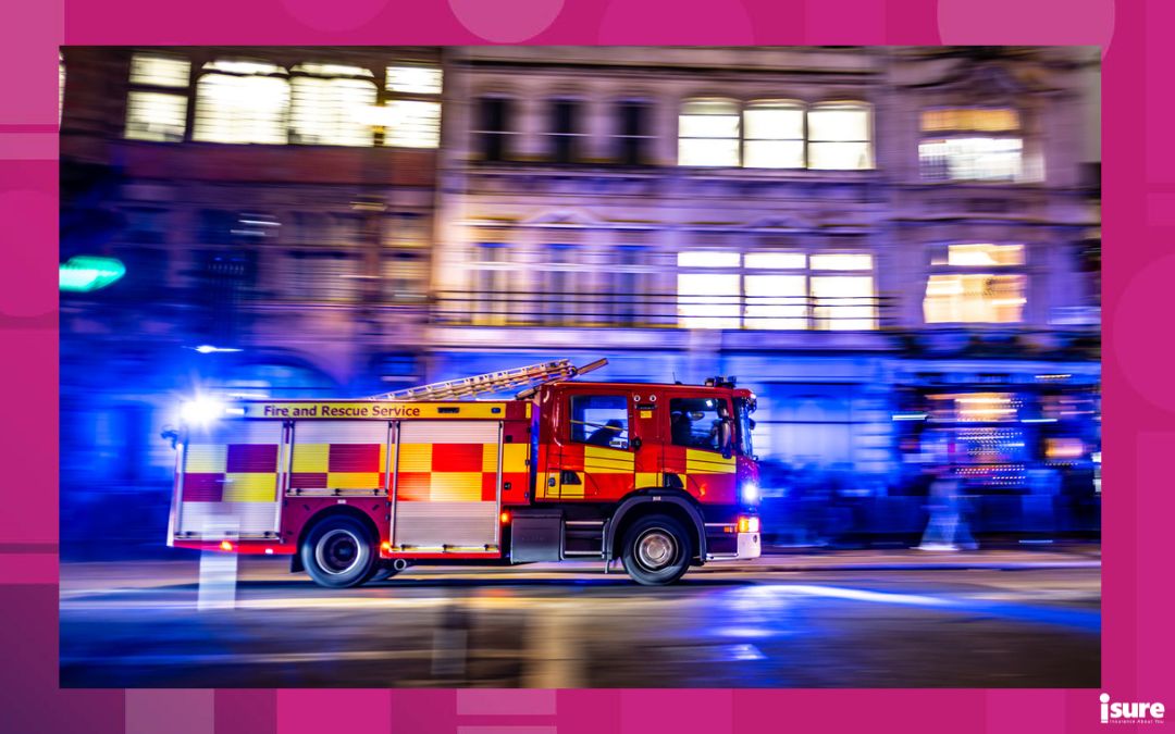 fast firetruck at night with it's emergency lights on the way to a rescue or attend a situation at night in London center with unrecognizable crew in it. with effect of motion and panning and with copy space around it for a text. - 911 calls