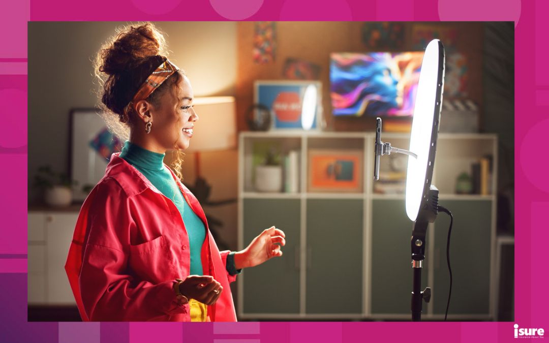 Happy woman, influencer and video recording with ring light for vlog, online tutorial or communication at home. Young, female person or vlogger talking with phone for advice, tips for content creation and content creator insurance