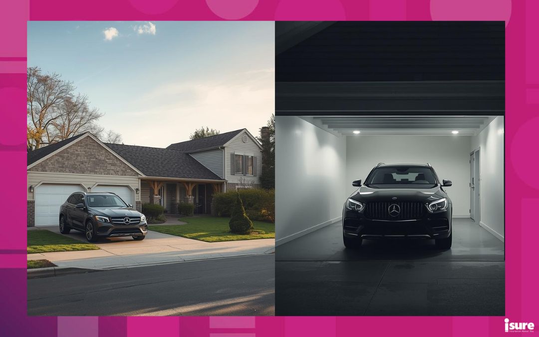 A split-screen photograph, one side showing a car parked on a paved residential driveway under a clear sky, the other side showing a car parked neatly inside a well-lit, clean residential garage.