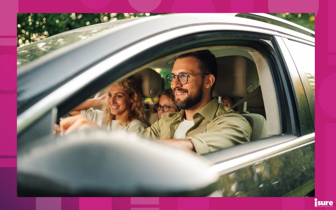 Portrait of a father driving a new car or having a test drive in the city while riding with his family. Parents and daughters spending vacation traveling by automobile and enjoying road trip in one of the safest vehicles of 2026