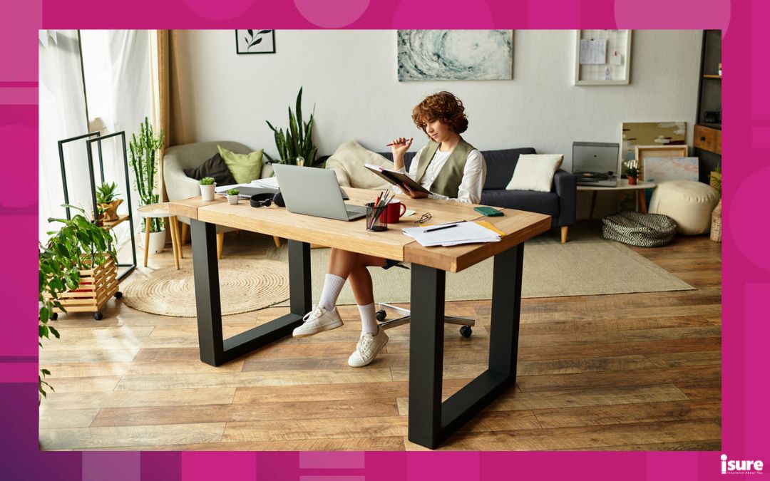 Young woman with curly hair focused on her tasks in a bright apartment workspace - potential home business injuries