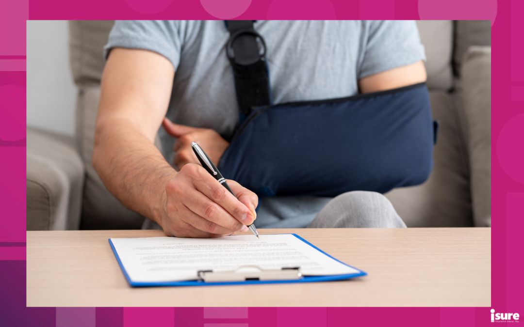 Front view of a handicapped man with sling signing contract at home - IRB
