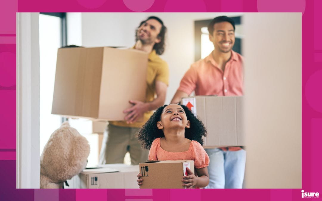 Parents and child smiling and holding cardboard boxes moving into a new home showing avoiding home insurance mistakes