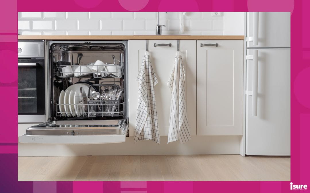 A kitchen with white accents containing an open dishwasher, a commonly insured appliance in homes.
