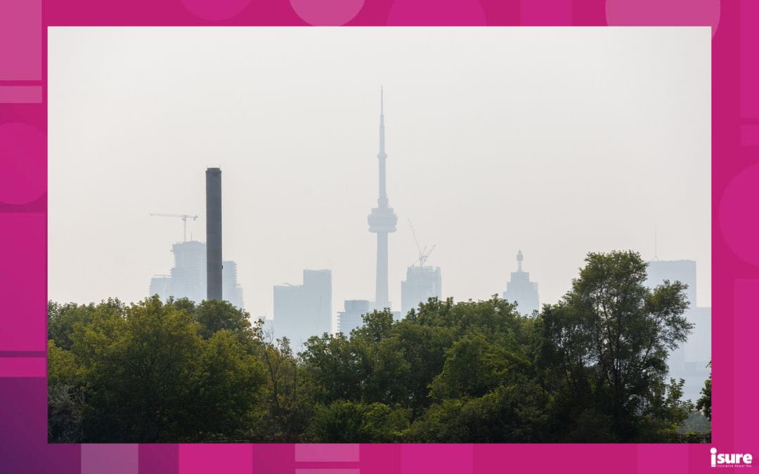 A Toronto skyline, darkened with smoke due to the Ontario wildfires burning north of the city.